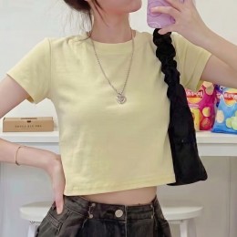 크롭 반팔티 베이직 스판 라운드넥 데일리 티셔츠
