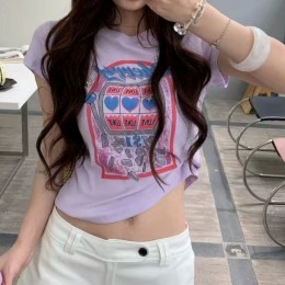 여자 빈티지 하트 프린트  크롭티