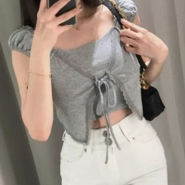 레이스 셔링 리본 크롭 나시 슬림핏 민소매