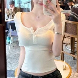 유넥 골지 스퀘어 슬림핏 앞 버튼 티셔츠