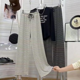 여름 아이스 실크 와이드팬츠 여성 줄무늬 밴딩바지