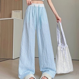 여성용 여름 체크 와이드바지 밴딩팬츠 루즈핏