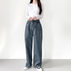 로코 사선 절개 세미 와이드 데님 팬츠