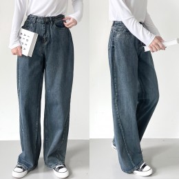 로코 사선 절개 세미 와이드 데님 팬츠