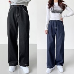 여성용 레트로 코튼 스티치 일자 팬츠