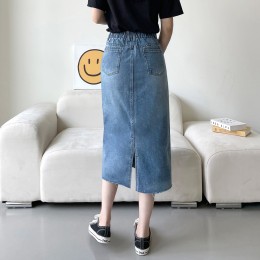 여성 트이웰 뒷밴딩 컷팅 미디 청치마