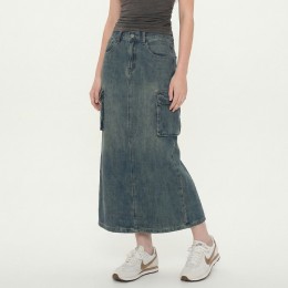뒷밴딩 카고 데님 롱스커트