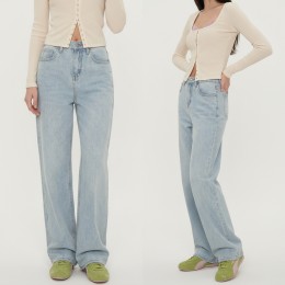 코튼 라이트블루 하이웨스트 롱 데님팬츠