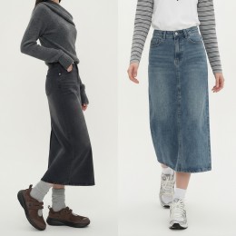 뒷트임 워싱 스판데님 롱 스커트