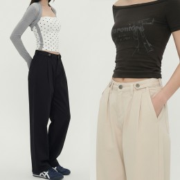 비조버튼 투핀턱 코튼 팬츠