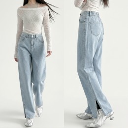 밑단 슬릿 뒷밴딩 세미와이드 데님팬츠