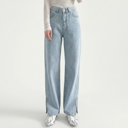 밑단 슬릿 뒷밴딩 세미와이드 데님팬츠