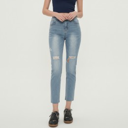 여성 스판 밑단컷팅 찢청 크롭 데님 일자팬츠