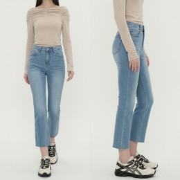 여성 스판 슬림 일자 밑단 컷팅 데님 팬츠