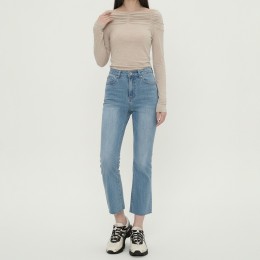 여성 스판 슬림 일자 밑단 컷팅 데님 팬츠