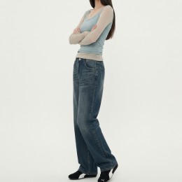 여성 빈티지 캣브러쉬 워싱 롱 데님 와이드 팬츠