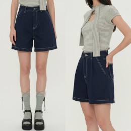여성 A라인 코튼 핀턱 스티치 4부 반바지