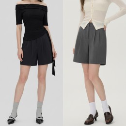 여성 A라인 투핀턱 밴딩 하프 슬랙스