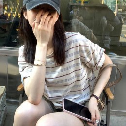 여성 스트라이프 반팔티 루즈핏 티셔츠
