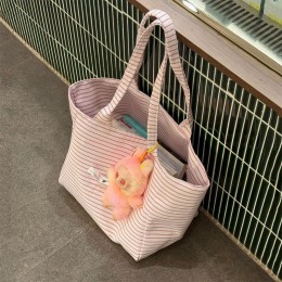 데일리 캐주얼 핑크 스트라이프 숄더 토트백
