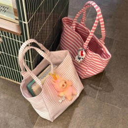 데일리 캐주얼 핑크 스트라이프 숄더 토트백