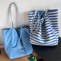 블루 스트라이프 캔버스 데일리 숄더백