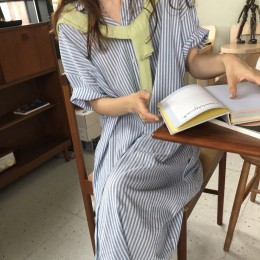 스트라이프 셔츠 카라원피스 루즈핏 롱원피스