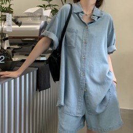 여성 데님 셔츠 반바지 청 투피스 세트