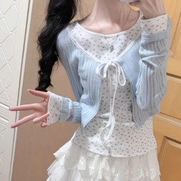 플라워 리본 가디건 레이어드 긴팔 티셔츠 JSC-d0241