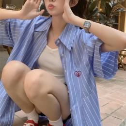 하트자수 스트라이프 반팔 셔츠 JSC-2024050801