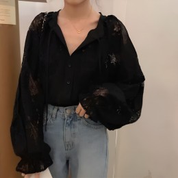 퍼프소매 블랙 레이스 블라우스 JSC-24061203