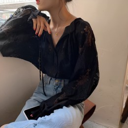 퍼프소매 블랙 레이스 블라우스 JSC-24061203