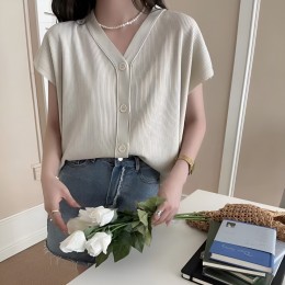 데일리 브이넥 캡소매 반팔 니트 가디건 JSC-24062201