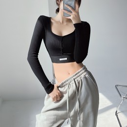 긴팔 크롭 골지 스퀘어넥 티셔츠 JSC-24080402