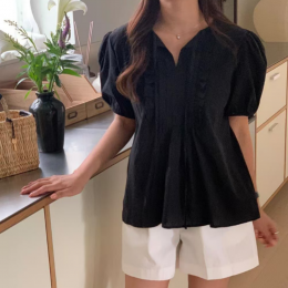 로맨틱 퍼프 리본 반팔 블라우스 UJS-025