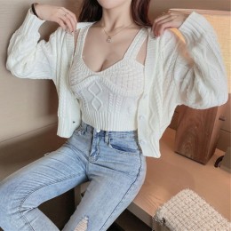 캐주얼 케이블 크롭 나시 가디건 세트 UJS-035