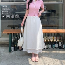 국내생산 리본 자수 스트라이프 롱스커트 UJS-166