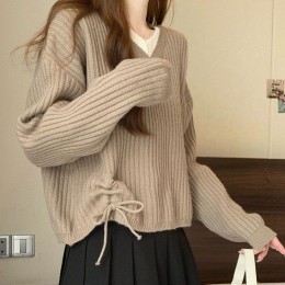 레이스업 브이넥 골지 니트 RNR-0015