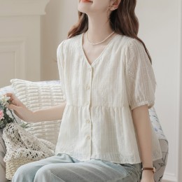 브이넥 자수 플레어 블라우스 LL_T189