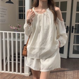 어깨트임 블라우스 밴딩 치마반바지 투피스 세트 LL_S114