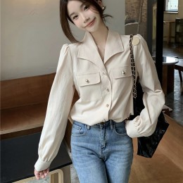 브이넥 카라 진주 버튼 셔츠 LL_T202