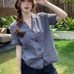브이넥 카라 롤업 체크 셔츠 LL_T204