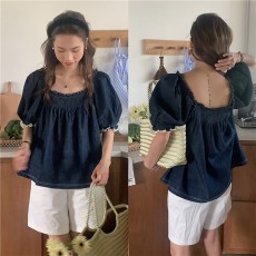 프릴 밴딩 벌룬 데님 블라우스 LL_T207