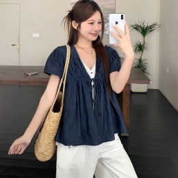 프릴 레이어드 데님 밴딩 블라우스 LL_T209