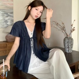 프릴 레이어드 데님 밴딩 블라우스 LL_T209