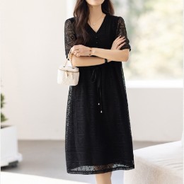 브이넥 시스루 허리끈 망사 원피스 LL_D193