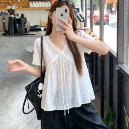 브이넥 레이스 자수 블라우스 LL_T212