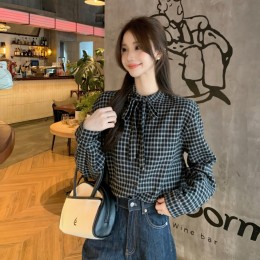 체크 리본넥 블라우스 T_218