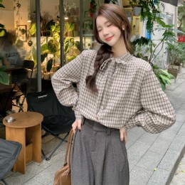 체크 리본넥 블라우스 T_218