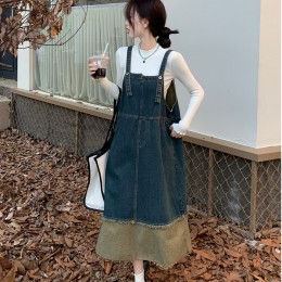빈티지 데님 배색 멜빵 원피스 LL-D131